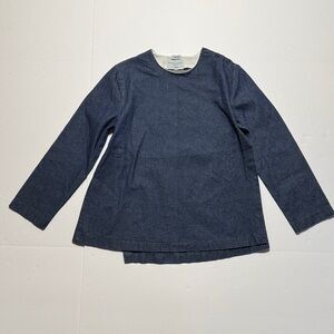 YAECA Denim Shirt Minimal Long Sleeve Indigo Shoulder Buttons Front Wrap Flap SM